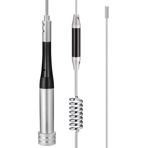 Beefed-Up Dual Band Ham Radio Car Antenna For 136-174MHz And 400-470MHz, 50W Max, 29.5 Inch Long, 3.5dBi VHF Gain And 6dBi UHF Gain PL259 50 Ohm Connector Works With Popular Mobile Radios, silver and black antenna parts close-up