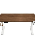 Rock Smooth Electric Height Adjustable Desk With Walnut And White Finish featuring Quiet Lift Motor And Memory Presets Perfect Sit Stand Workstation For Office Gaming Or Creative Projects At 63x24 Inches top view with walnut finish and headphone holder