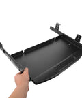 Slick Under Desk Keyboard Tray Featuring Smooth Glide Retractable Slides For A Dead Simple Space Saving Home Office Setup And Clutter Free Workstation Built Tough For Daily Use, shown being held with metal rails.