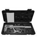 Rechargeable Vernier Digital Caliper displayed in black protective case, showcasing stainless steel body and measurement features.