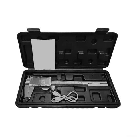 Rechargeable Vernier Digital Caliper displayed in black protective case, showcasing stainless steel body and measurement features.