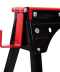 Close-up of Heavy Duty Foldable Sawhorses 2 Pack 1000 Lb Weight Capacity Steel Work Stands with A-frame and hook.