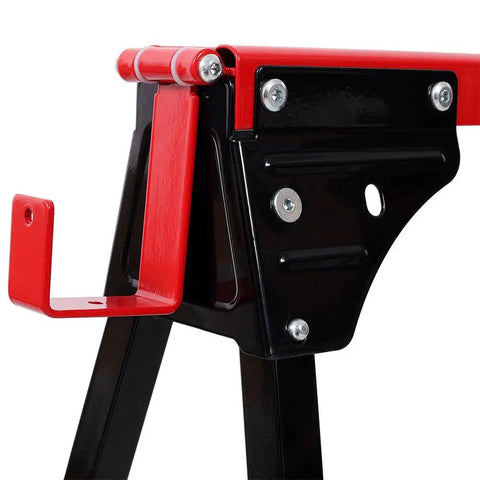 Close-up of Heavy Duty Foldable Sawhorses 2 Pack 1000 Lb Weight Capacity Steel Work Stands with A-frame and hook.