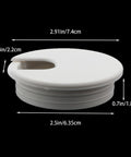 Six Pack White Plastic Desktop Cable Hole Covers With Removable Snap Top Two Point Five Inch Wire Grommets close-up view showing dimensions.