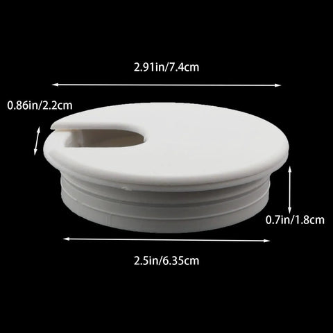 Six Pack White Plastic Desktop Cable Hole Covers With Removable Snap Top Two Point Five Inch Wire Grommets close-up view showing dimensions.