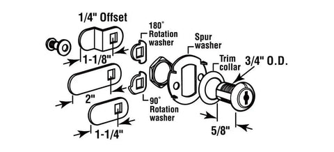 Beefy Diecast Drawer And Cabinet Lock With Brass Finish, 5/8 In., installation diagram showing components and rotation washers