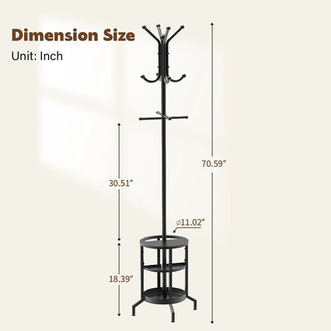 Dope Freestanding Coat Rack With 12 Hooks And Umbrella Holder shown with dimensions 70.59 inch height, 18.39 inch diameter.