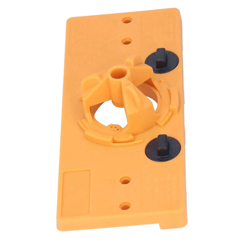 Yellow 35mm hinge hole jig drill guide with circular clamp and two black adjustment knobs