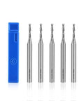 End mill set with five 1/8 in HSS end mills and 1/4 in shanks, blue storage case.