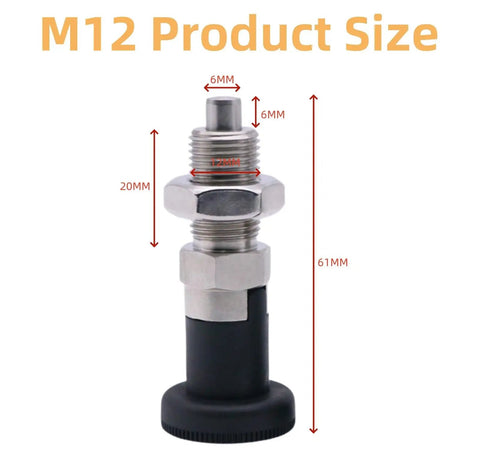 Pro Grade M12 Self Locking Ball Nose Spring Plunger With Knurled Thumb Wheel And Hex Lock Nut dimensions showing size specification.