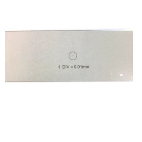 Pro Grade 0.01mm Stage Micrometer For Microscope And Camera Calibration Optical Glass Slide With 1mm Total Length And 100 Divisions Easy Read 0.01mm Increments White 75mm by 25mm by 1mm showing 1 div = 0.01mm