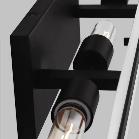 Close-up of Dex Vanity Light Fixture Three Light Bath Bar In Midnight Black Finish With Satin Etched Glass Shades