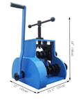 WYDDDARY Manual Pipe Bender Machine With Round And Square Dies For Hand Rolled Tube Bending Tools For DIY Metalwork Jobs, blue unit with dimensions.