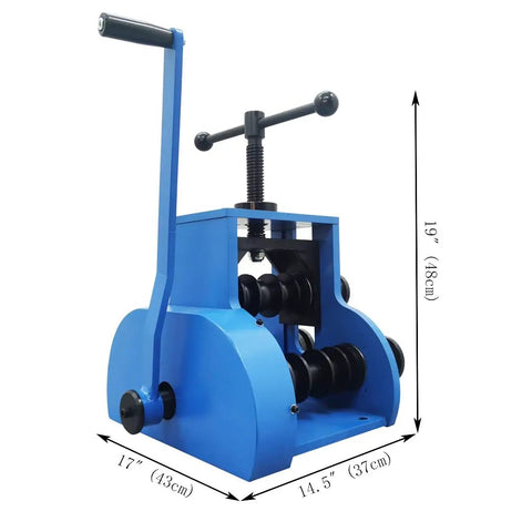 WYDDDARY Manual Pipe Bender Machine With Round And Square Dies For Hand Rolled Tube Bending Tools For DIY Metalwork Jobs, blue unit with dimensions.