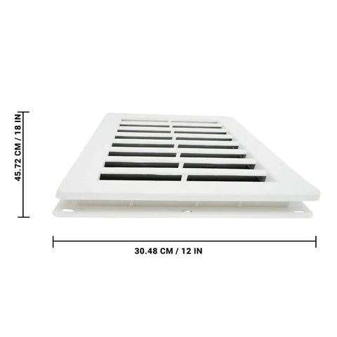 Side view of 12 By 18 Inch Rectangle Gable Vent With Screen In White, Two Piece Construction, Heavy Duty Polypropylene, Removable Front Face