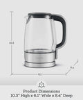 Crystal Clear Glass Electric Kettle With German Schott Glass Soft Opening Lid Gentle Steam Release shown with dimensions