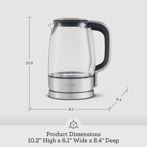 Crystal Clear Glass Electric Kettle With German Schott Glass Soft Opening Lid Gentle Steam Release shown with dimensions