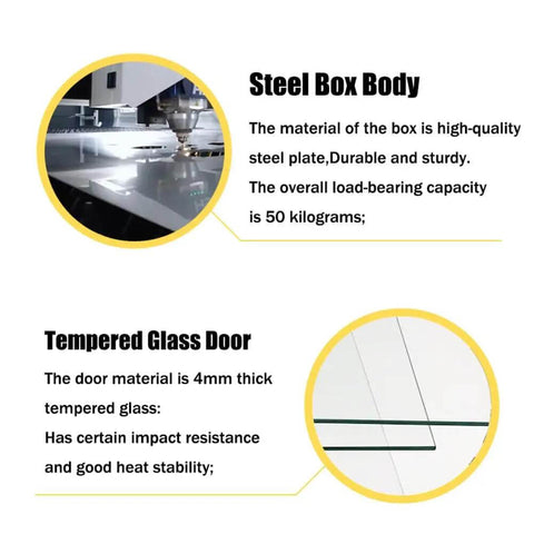 Steel box body and tempered glass door details of 3D Filament Dryer Box With Auto Humidity Control Keeps Filament Dry From 15 To 60 Percent Relative Humidity Holds 10 To 12 Rolls Of 1 Kg Filament For PLA ABS PETG Nylon TPU PC With Double Layer Racks For Easy Access Must Have Storage.