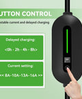 Ultimate Plug And Go Portable EV Charger With Level 1 And 2 Settings showing adjustable button control for current and delayed charging.