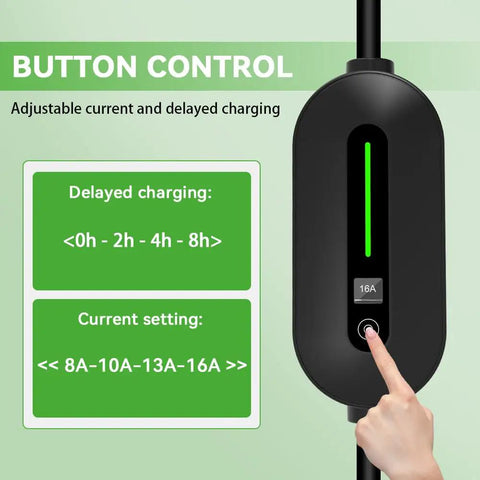 Ultimate Plug And Go Portable EV Charger With Level 1 And 2 Settings showing adjustable button control for current and delayed charging.