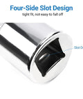 Chrome-plated impact socket adapter sleeve with square drive; close-up view showing slot design