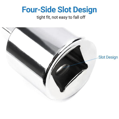 Chrome-plated impact socket adapter sleeve with square drive; close-up view showing slot design