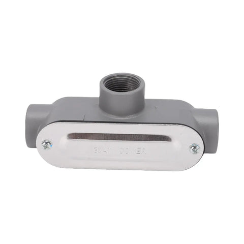 Heavy Duty T Type Conduit Body Three Quarter Inch Die Cast Aluminum Threaded Electrical Fitting with smooth cover for seamless cable management.