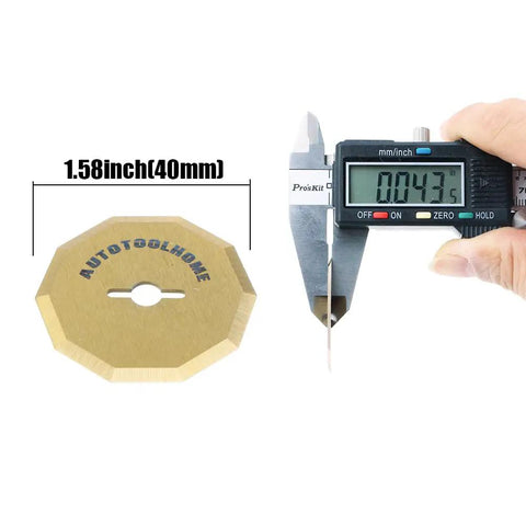 Heavy Duty Replacement Blades For Worx ZipSnip Electric Scissors, 1.58in titanium rotary cutter being measured with calipers.