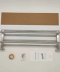 24 Inch Towel Tower Rack With Double Bars Brushed Nickel Finish Wall Mounted SUS304 Stainless Steel Hotel Grade Towel Shelf And Hanger Rustproof Durable And Easy Install Includes Hardware Pack For Fast Mount laid out with hardware