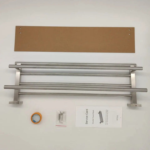 24 Inch Towel Tower Rack With Double Bars Brushed Nickel Finish Wall Mounted SUS304 Stainless Steel Hotel Grade Towel Shelf And Hanger Rustproof Durable And Easy Install Includes Hardware Pack For Fast Mount laid out with hardware