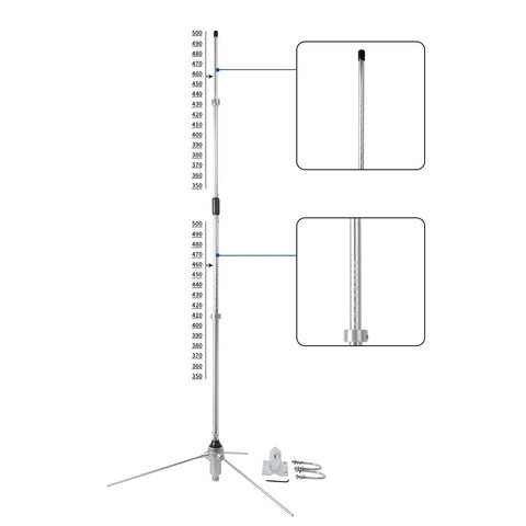 Beefy UHF Mobile Antenna For 350 To 500MHz Repeater Use shown with frequency labels and mounting details, aluminum body.