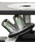 Inverted Trinocular Lab Microscope With Top Notch Mechanical Stage And Plan Phase 10x 20x 40x IOS Objectives 5W LED Illumination Stage Extension Transportation Box close-up of objective lenses
