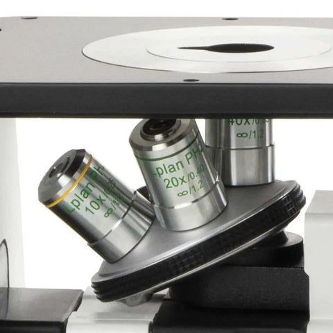 Inverted Trinocular Lab Microscope With Top Notch Mechanical Stage And Plan Phase 10x 20x 40x IOS Objectives 5W LED Illumination Stage Extension Transportation Box close-up of objective lenses