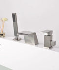Roman Tub Faucet With Sprayer And Hand Shower Deck Mount 3 Hole Brushed Nickel Finish Wide 4 Inch Waterfall Spout setup