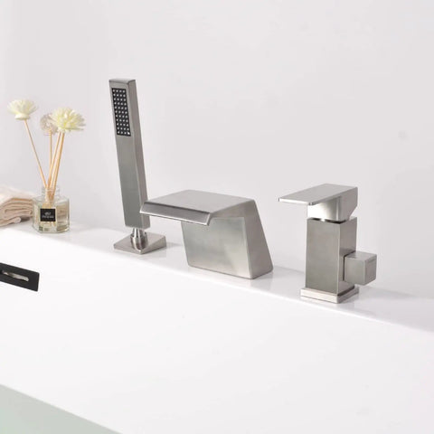 Roman Tub Faucet With Sprayer And Hand Shower Deck Mount 3 Hole Brushed Nickel Finish Wide 4 Inch Waterfall Spout setup