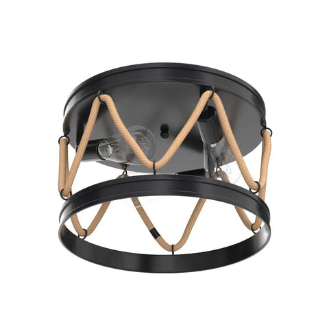 Industrial Three Light Farmhouse Ceiling Fixture With Rope Shade In Rustic Black Metal, Vintage Round Ceiling Lamp underside view