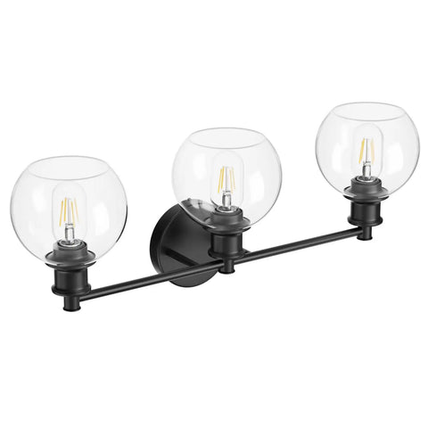 Three Light Industrial Vanity Fixture In Matte Black With Clear Glass Globes, Farmhouse Style Bath Lighting For A Modern Rustic Vibe