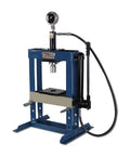 10 Ton Hydraulic H Frame Shop Press Workhorse for Metalworking with 13.5 Inch Opening and 7 Inch Stroke Heavy Duty Pro Grade in blue.