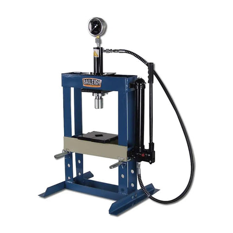 10 Ton Hydraulic H Frame Shop Press Workhorse for Metalworking with 13.5 Inch Opening and 7 Inch Stroke Heavy Duty Pro Grade in blue.