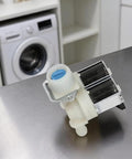 Inlet Solenoid Valve Kit for Washing Machines, 180A Dual Head Direct Replacement, Metal and Plastic Build, Smooth Water Flow, No Fuss Install, Silver Finish, Compact 8 By 7 By 6.5 Cm for Fully Automatic Washers on steel table