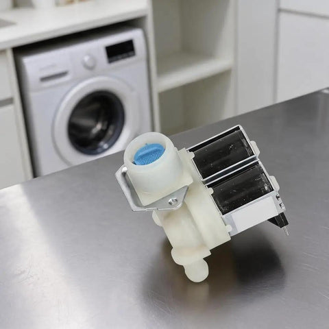 Inlet Solenoid Valve Kit for Washing Machines, 180A Dual Head Direct Replacement, Metal and Plastic Build, Smooth Water Flow, No Fuss Install, Silver Finish, Compact 8 By 7 By 6.5 Cm for Fully Automatic Washers on steel table