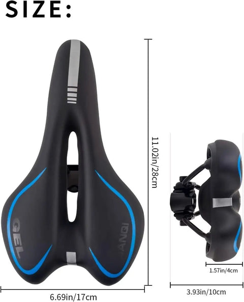 Comfy Gel Memory Foam Bike Seat For Men And Women, Waterproof Soft Saddle dimensions with reflective safety stripes