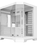 White Micro ATX Gaming PC Case Built For Gamers With Three Tempered Glass Panels And Dual USB 3.0 Water Cooling Ready With Top And Side 240mm Radiator Support Rear 120mm Seven Fan Capacity And Easy Cable Management, side view showing tempered glass panels.