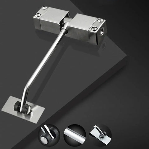 Automatic Home Door Closer with durable aluminum alloy and cold rolled steel build, silver finish, on black background.