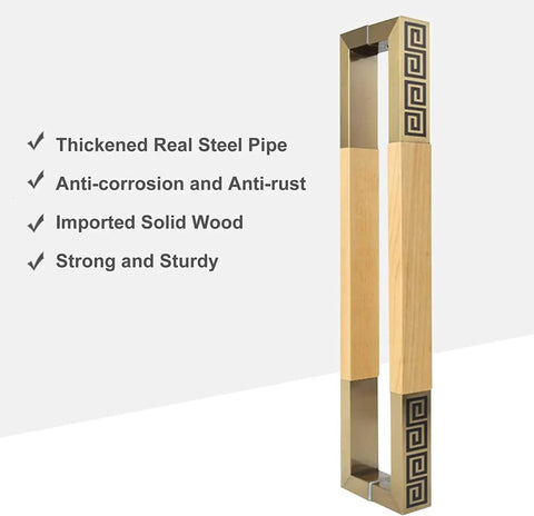 Beefy Modern Entry Door Handle Pull Set Heavy Duty Door Handles With Natural And Gold Finish 59 Inch Long Stainless Steel And Wood Pulls Easy DIY Assembly With All Hardware Included Durable Front Door Accessory, showing close-up of vertical handles with decorative ends.