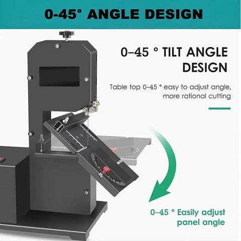 Powerhouse 800W Pure Copper Benchtop Bandsaw For Wood And Acrylic 70mm Cut Height showing 0-45 degree tilt angle design