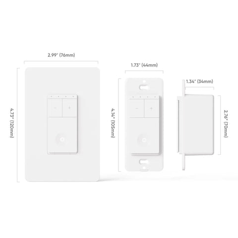 Smart Ceiling Fan Switch With 2.4GHz WiFi, Neutral Wiring Required, dimensions and side view, white, single pole
