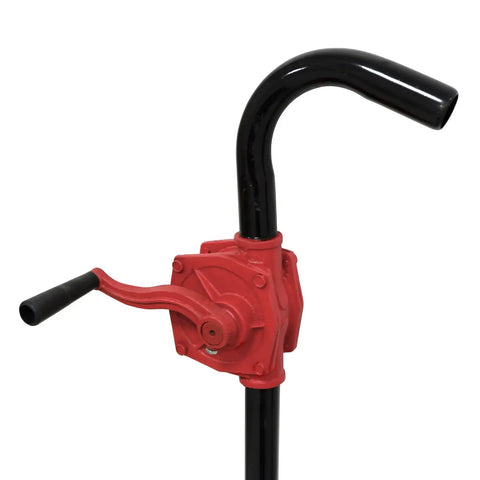 No Gimmicks Real Deal Heavy Duty Manual Rotary Hand Pump Made For Diesel Gasoline And Kerosene, red and black, sturdy design.