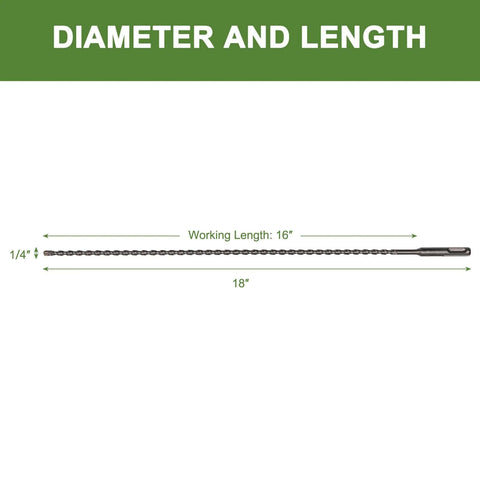 HLOFIZI masonry drill bit, 1/4 in diameter, 18 in total length (16 in working length), SDS-Plus for concrete.