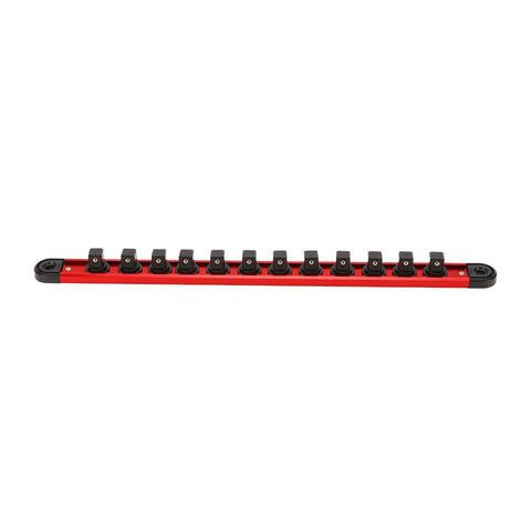 Magnetic Socket Rail Organizer With 42 Slots for tool sockets, shown in red with spring loaded ball locks in a linear view.